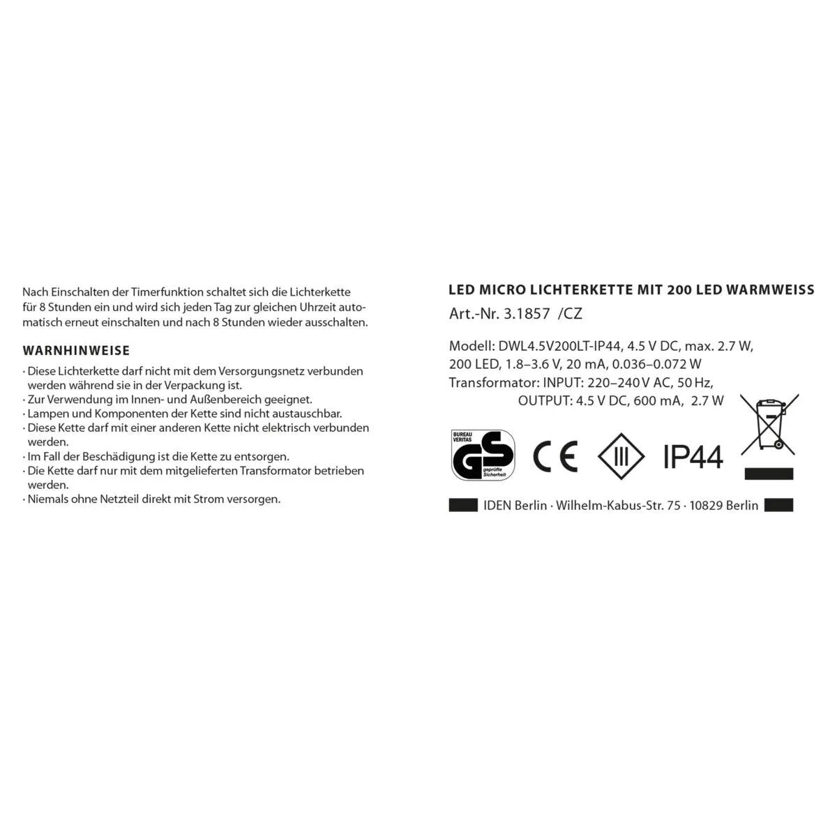 Idena 31857 Micro Lichterkette 200LED, warmweiss