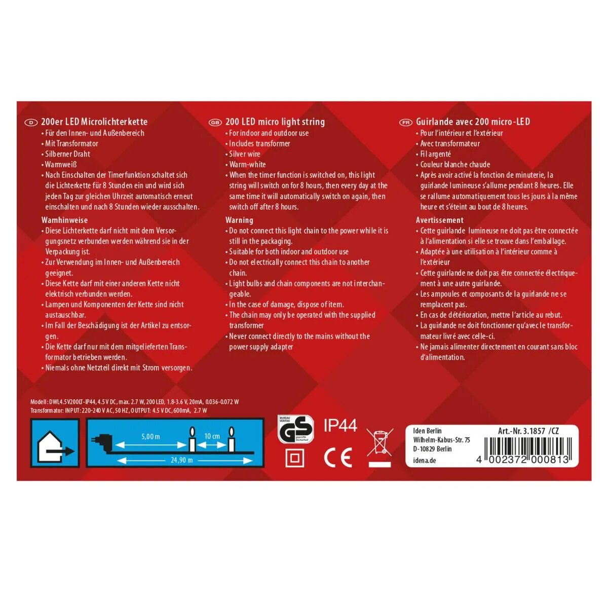 Idena 31857 Micro Lichterkette 200LED, warmweiss