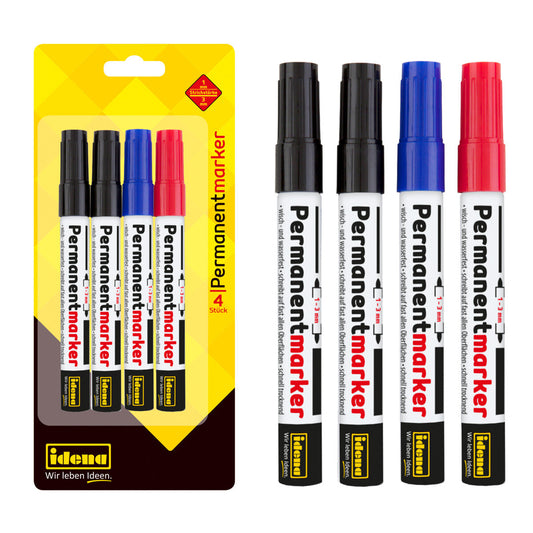 Idena Permanentmarker 4er 2x Schwarz,1x Blau und Rot