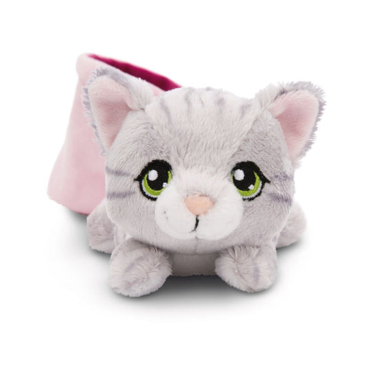 NICI Kuscheltier Katze grau getigert 12cm im Körbchen pink