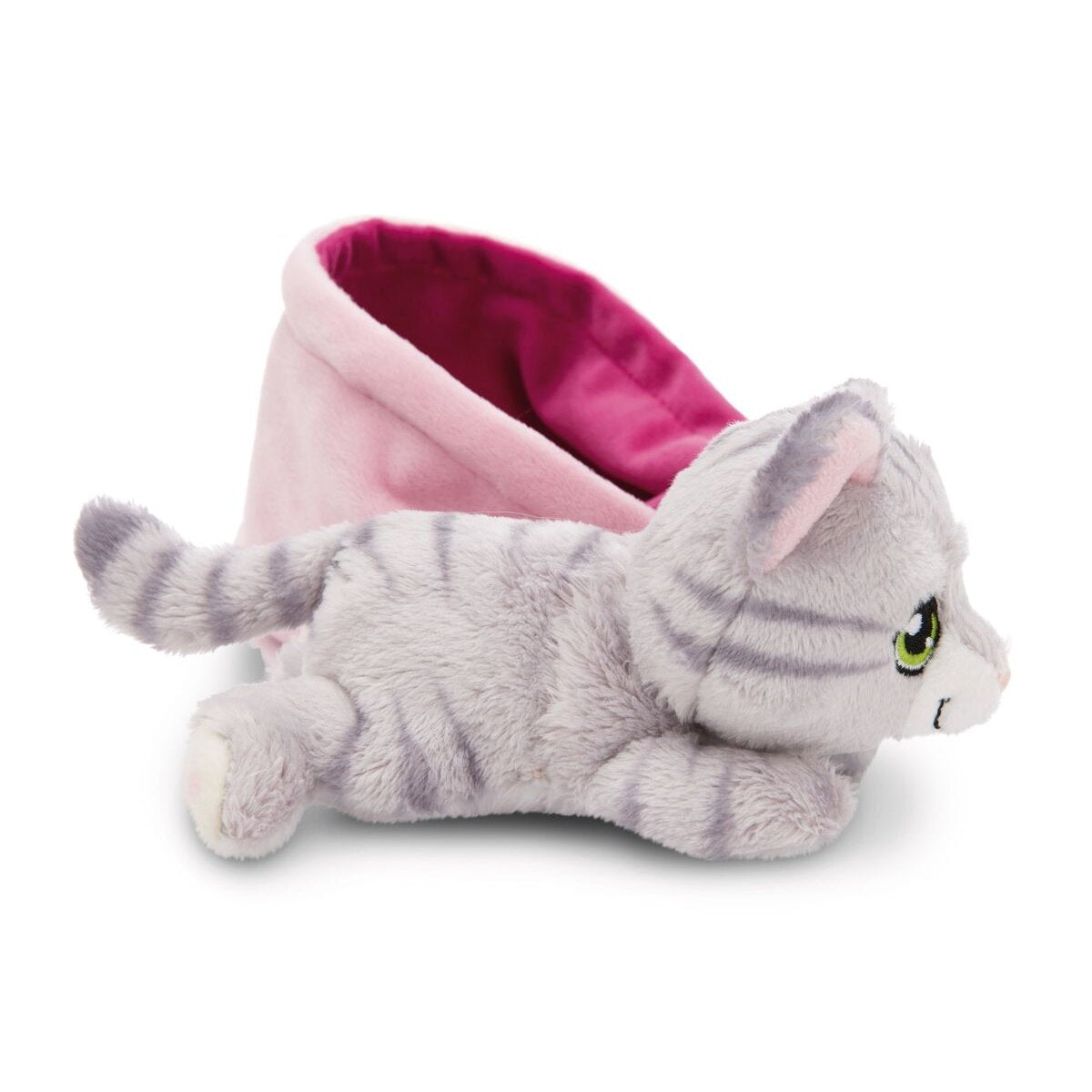 NICI Kuscheltier Katze grau getigert 12cm im Körbchen pink