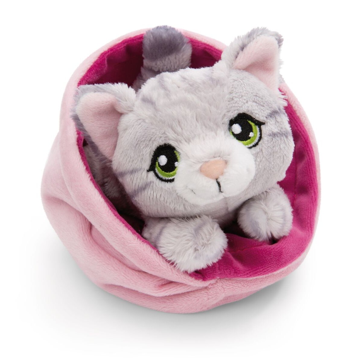 NICI Kuscheltier Katze grau getigert 12cm im Körbchen pink