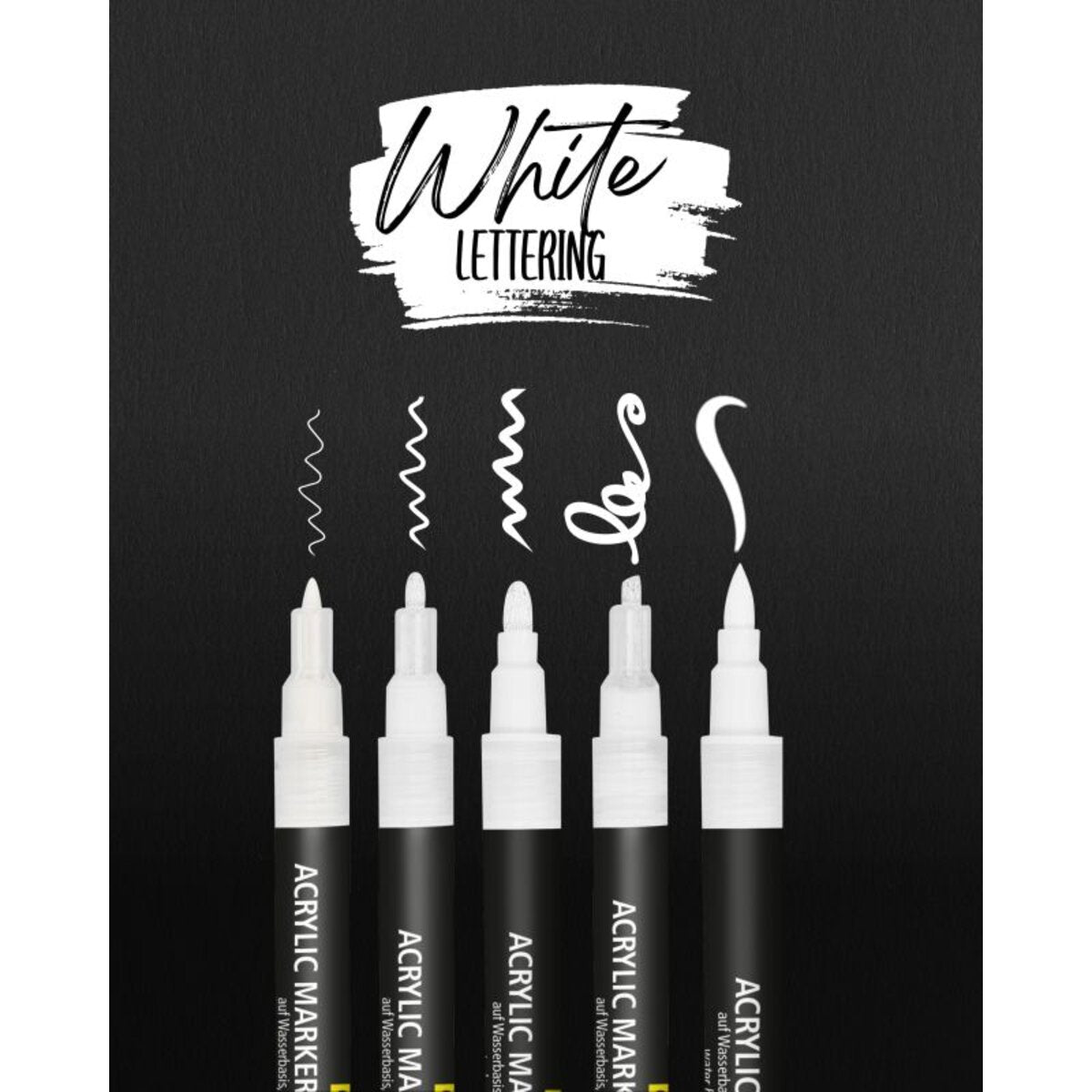 ONLINE White Lettering Set mit Acryl Marker, Fineliner und Brushpen, 5 Stifte