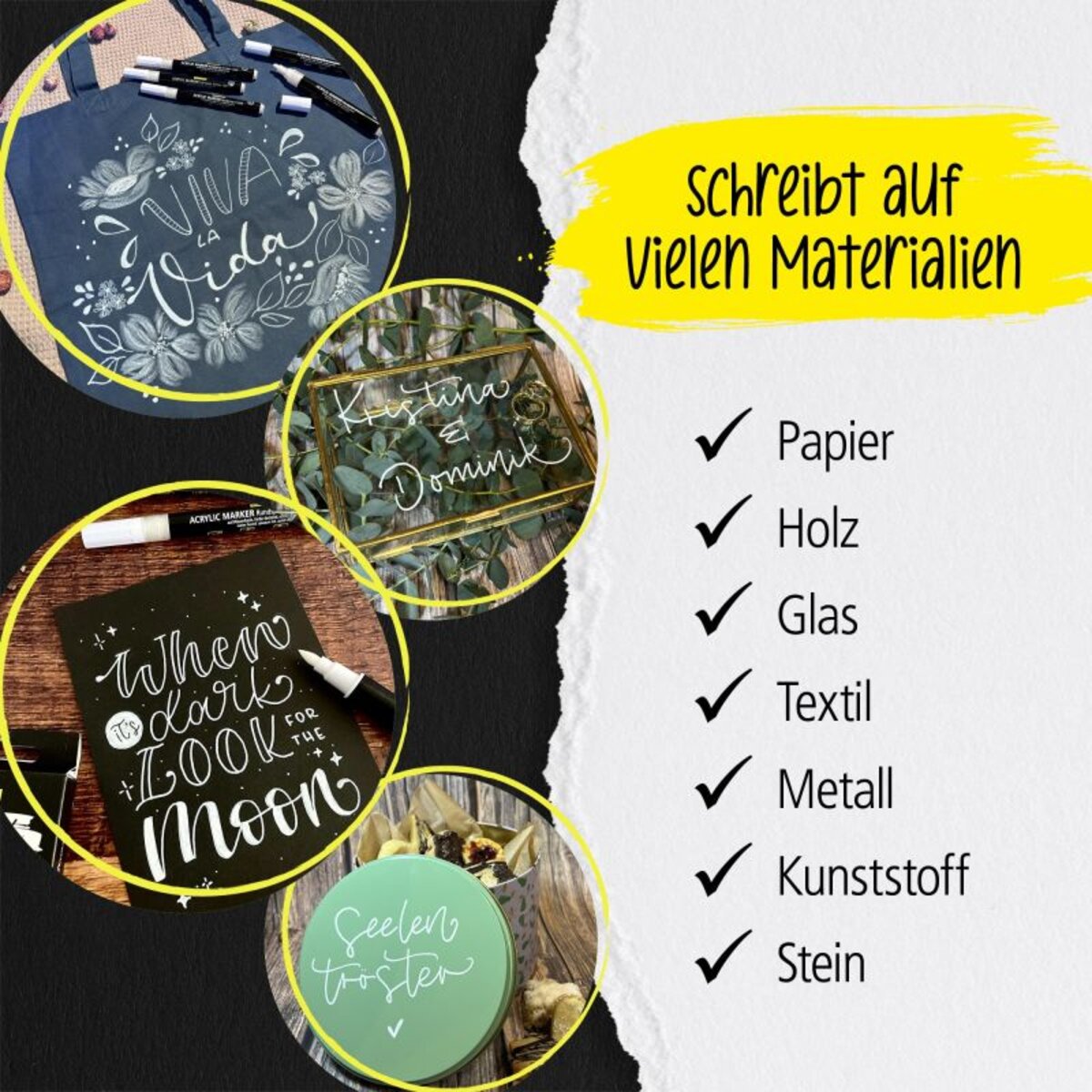 ONLINE White Lettering Set mit Acryl Marker, Fineliner und Brushpen, 5 Stifte