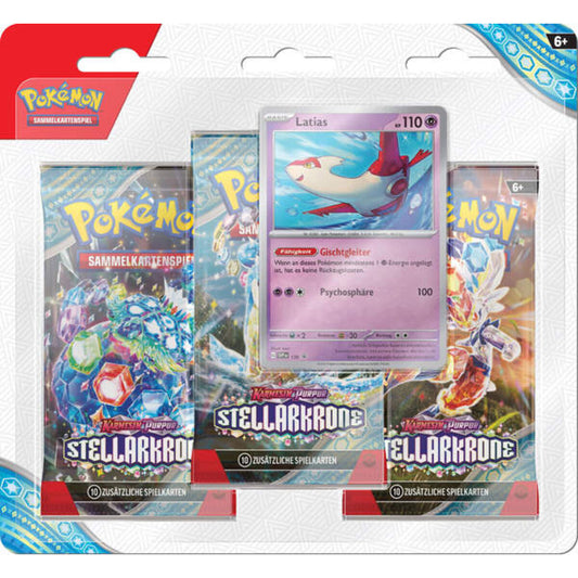 Pokemon Drei-Boosterpack-Blister Karmesin & Purpur - Stellarkrone, 1 Packung, 2-fach sortiert
