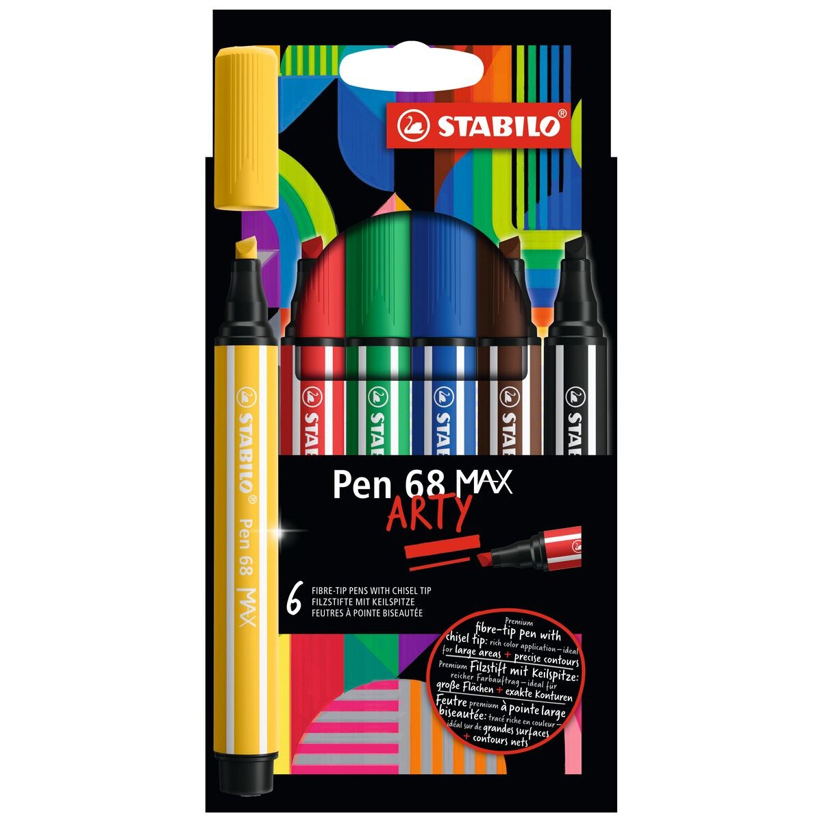 Premium-Filzstift mit dicker Keilspitze - STABILO Pen 68 MAX - ARTY - 6er Pack - mit 6 verschiedenen Farben