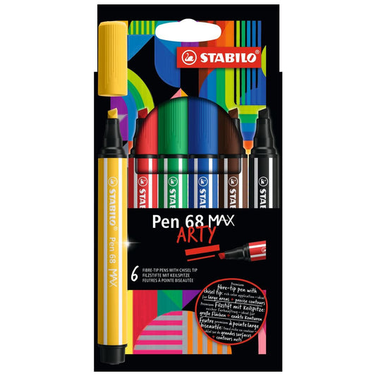 Premium-Filzstift mit dicker Keilspitze - STABILO Pen 68 MAX - ARTY - 6er Pack - mit 6 verschiedenen Farben
