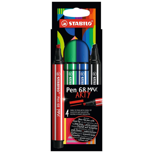Premium-Filzstift mit dicker Keilspitze - STABILO Pen 68 MAX - ARTY - 4er Pack - mit 4 verschiedenen Farben