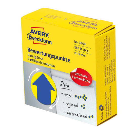 Avery Zweckform 3860 Bewertungspunkte Ø 19 mm, 1 Rolle/250 Etiketten, blau, gelb