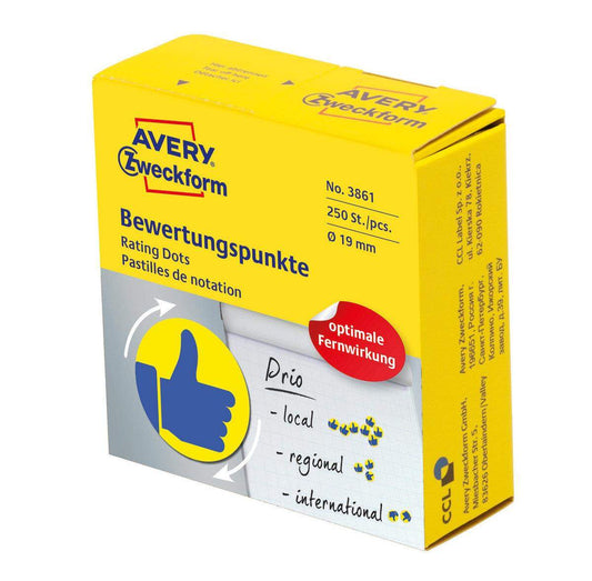 Avery Zweckform 3861 Bewertungspunkte Ø 19 mm, 1 Rolle/250 Etiketten, blau, gelb