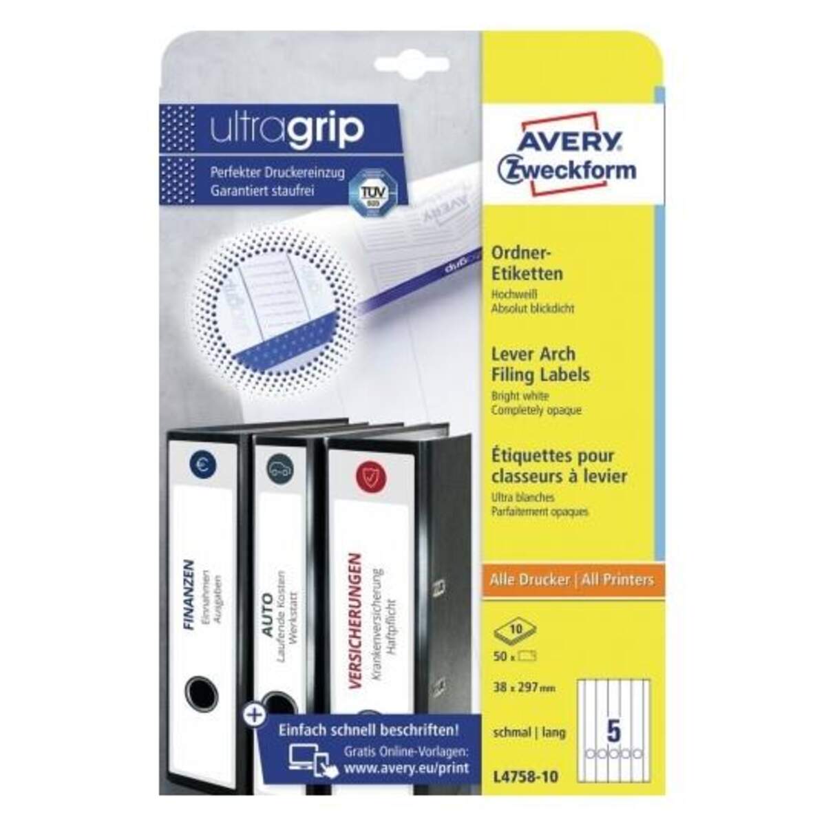 Avery Zweckform L4758-10 Ordnerrücken Etiketten A4, mit ultragrip, 38 x 297 mm, schmal/lang, 10 Bogen/50 Etiketten, weiß