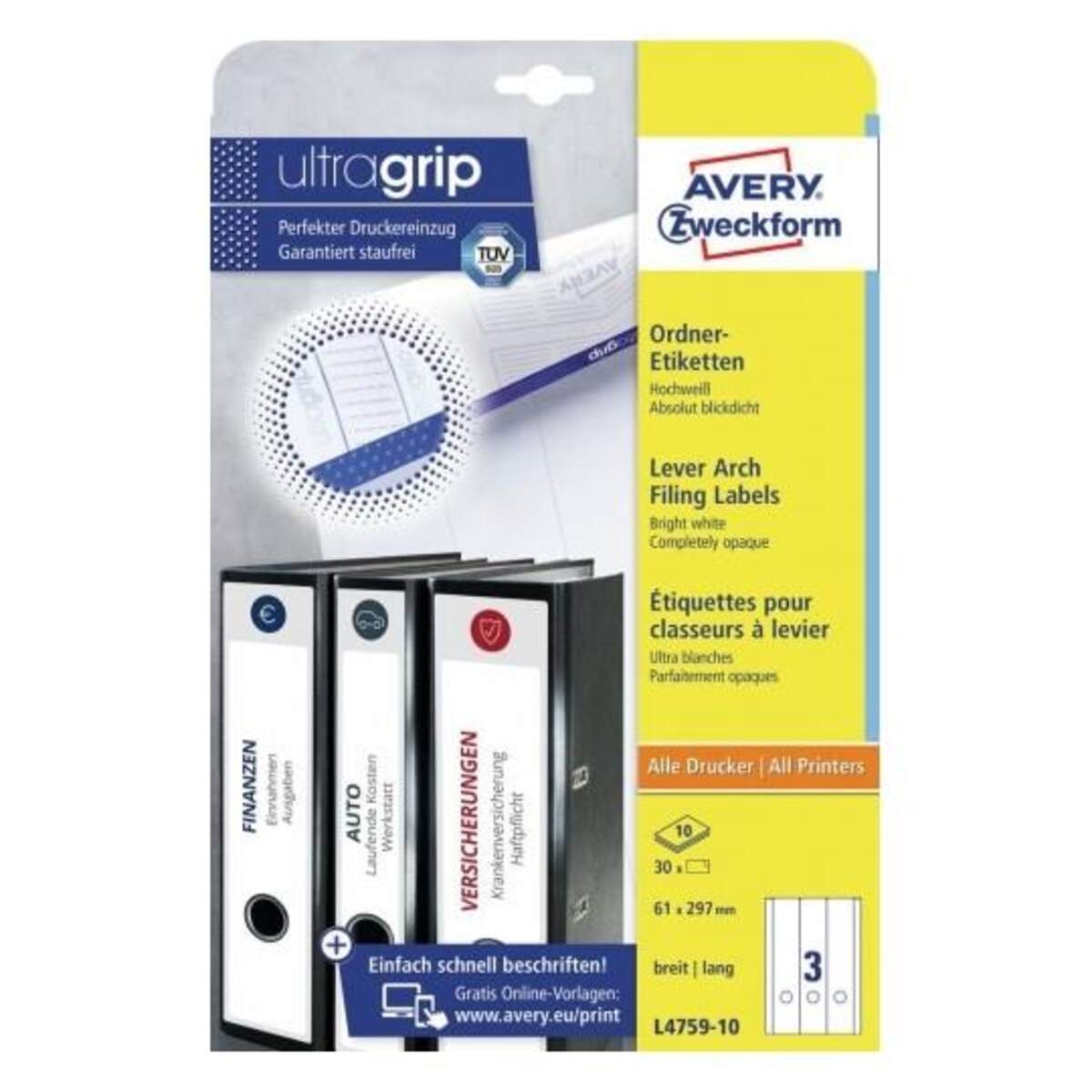 Avery Zweckform L4759-10 Ordnerrücken Etiketten A4, mit ultragrip, 61 x 297 mm, breit/lang, 10 Bogen/30 Etiketten, weiß