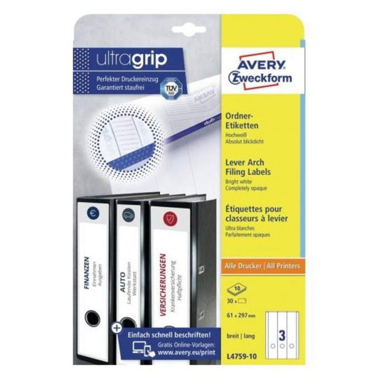 Avery Zweckform L4759-10 Ordnerrücken Etiketten A4, mit ultragrip, 61 x 297 mm, breit/lang, 10 Bogen/30 Etiketten, weiß