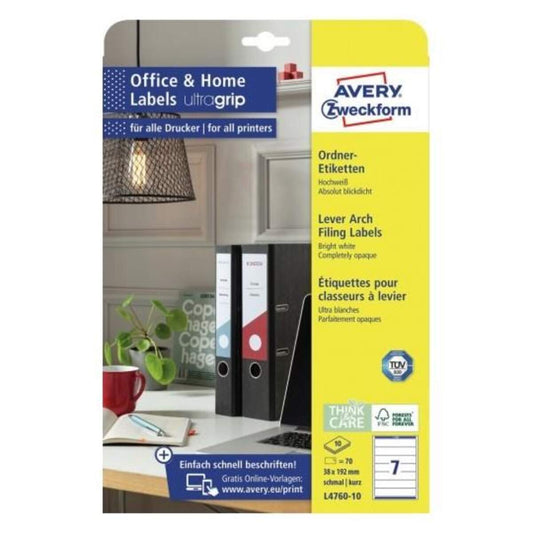 Avery Zweckform L4760-10 Ordnerrücken Etiketten A4, mit ultragrip, 38 x 192 mm, schmal/kurz,  10 Bogen/70 Etiketten, weiß