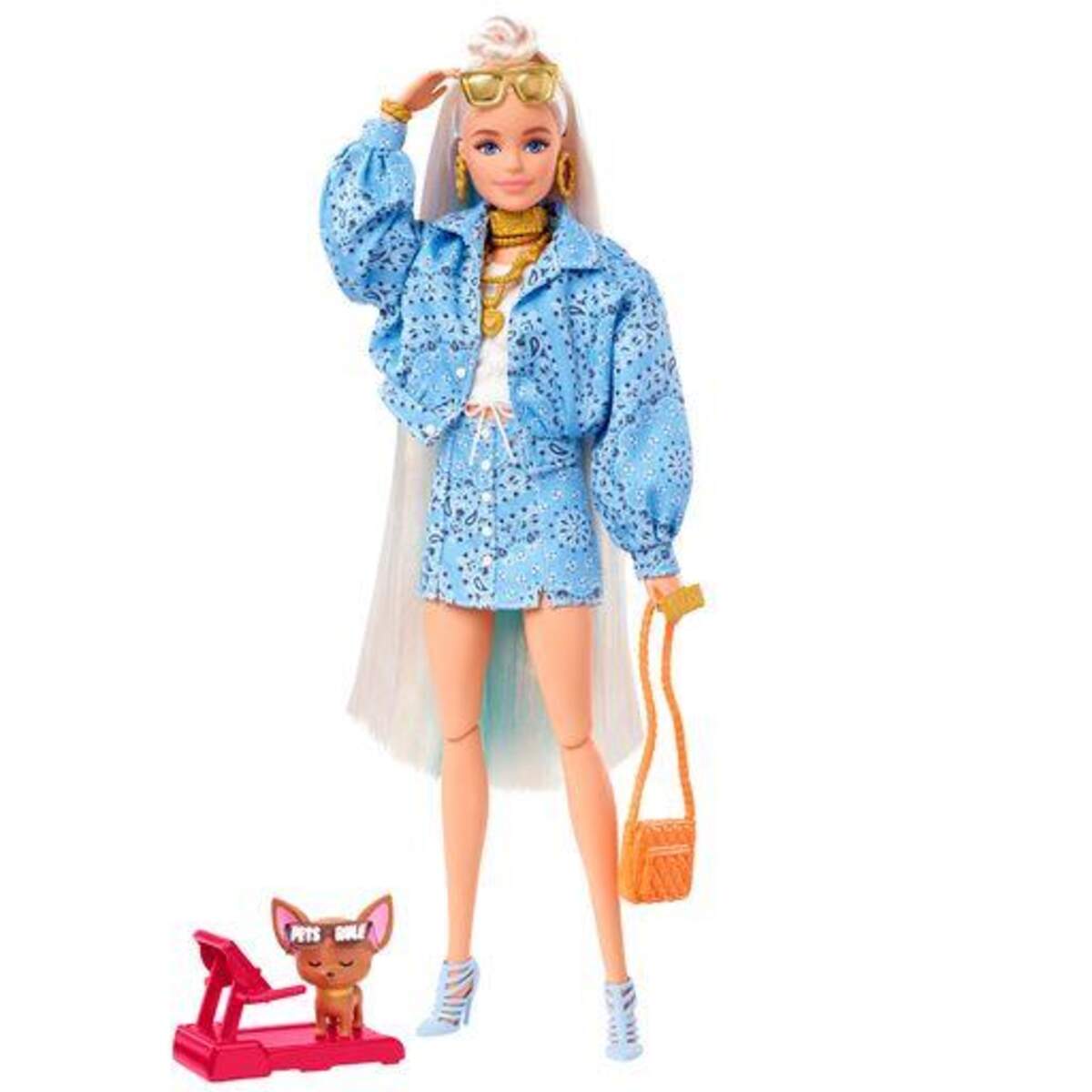 Barbie Extra Puppe (blond) mit hellblauem Rock & Jacke, Hund & Zubehör