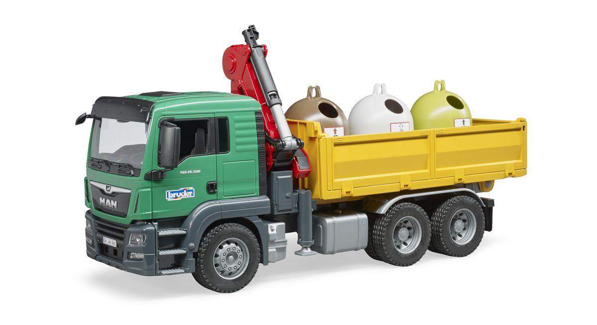 BRUDER® 3753 MAN TGS LKW mit Ladekran, 3 Altglascontainern und Flaschen