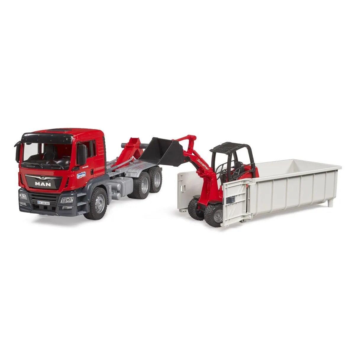 BRUDER® MAN TGS LKW mit Abrollcontainer und Schäffer Hoflader 2630