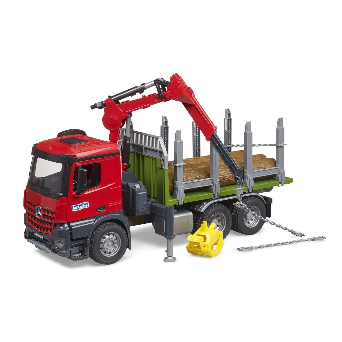 BRUDER® MB Arocs Holztransport-LKW mit Ladekran, Greifer + 3 Baumstämme