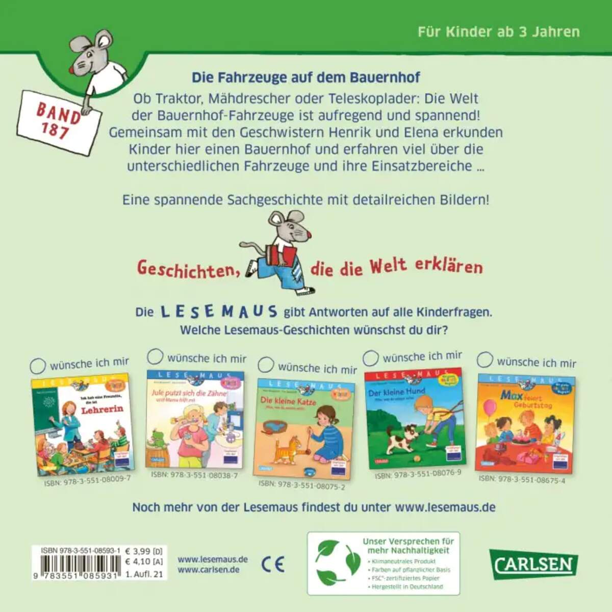 Carlsen Verlag LESEMAUS 187: Die Fahrzeuge auf dem Bauernhof
