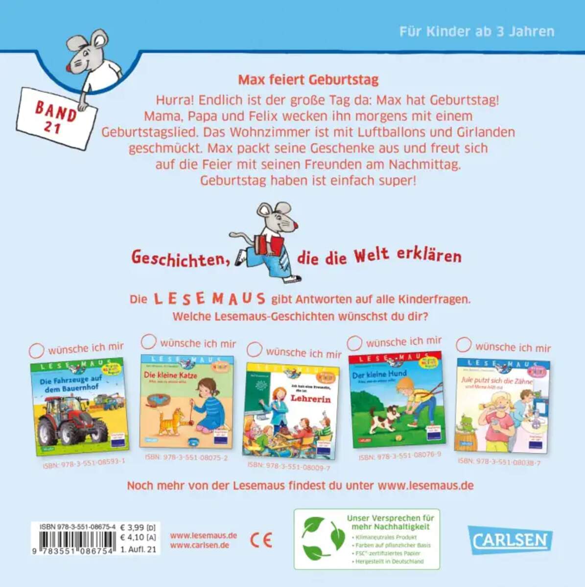 Carlsen Verlag LESEMAUS 21: Max feiert Geburtstag
