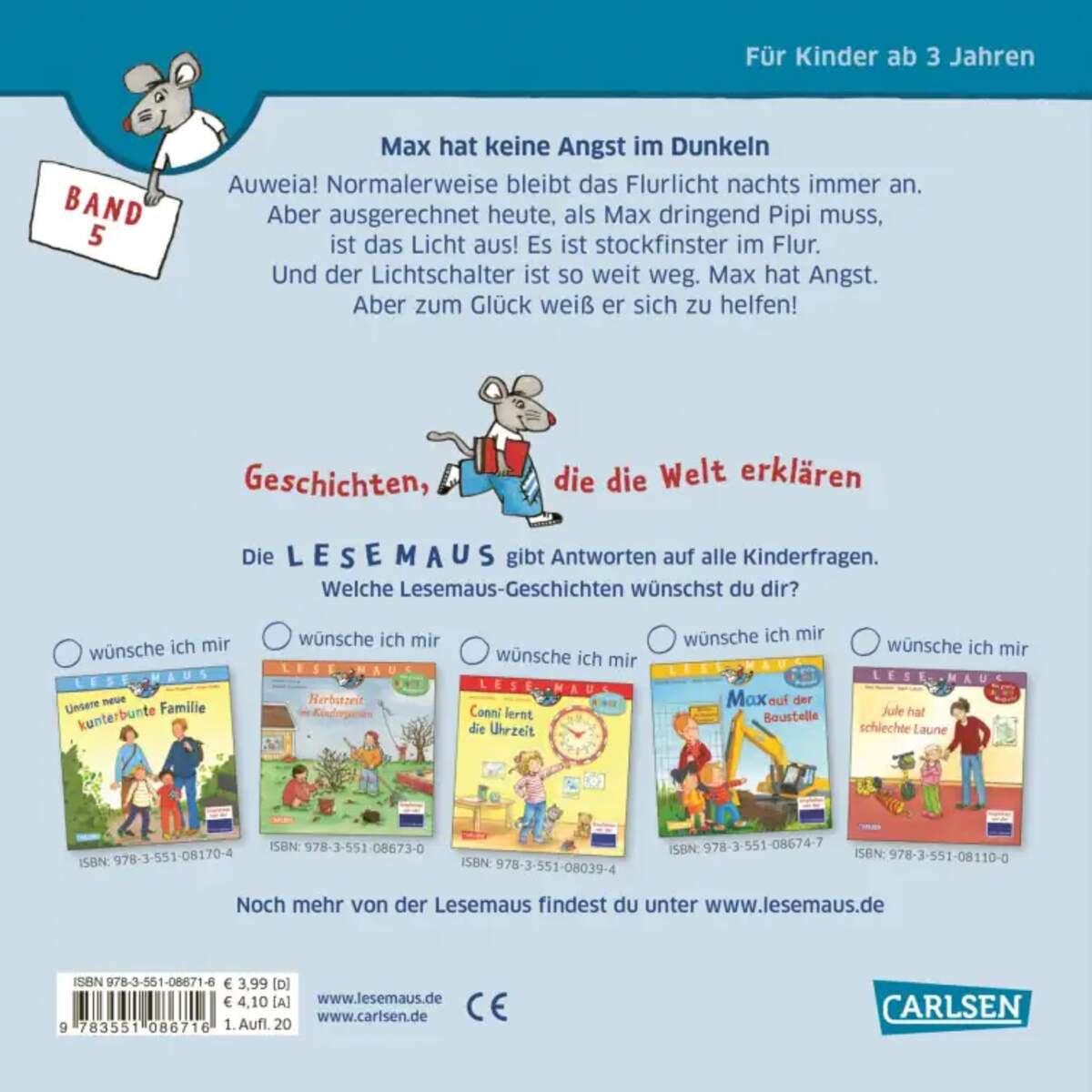 Carlsen Verlag LESEMAUS 5: Max hat keine Angst im Dunkeln