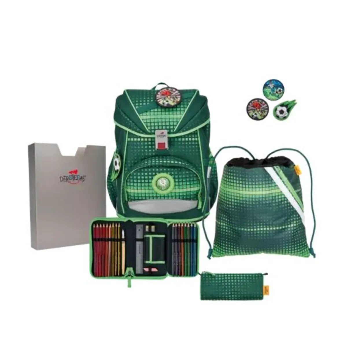 DerDieDas Schulrucksack-Set Ergoflex Soccer Green, 5-teilig