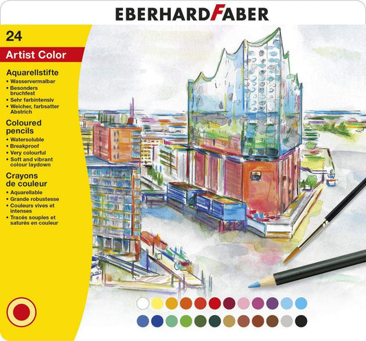 Eberhard Faber Aquarellbuntstifte Metalletui mit Pinsel, 24 Stück