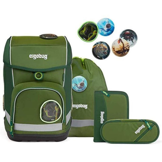 ergobag CUBO Set Grüne Mambär Shiny Edition, ergonomischer Schulrucksack, Set 5-teilig