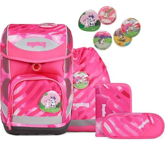 ergobag CUBO Set KuntBärbuntes Einhorn Neo Edition, ergonomischer Schulrucksack, Set 5-teilig