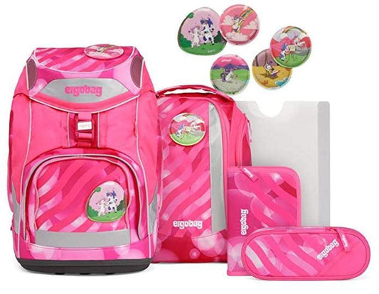 ergobag PACK Set KuntBärbuntes Einhorn Neo Edition, ergonomischer Schulrucksack, Set 6-teilig
