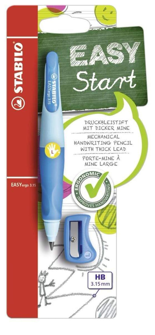Ergonomischer Druck-Bleistift für Linkshänder - STABILO EASYergo 3.15 in hellblau/dunkelblau - Einzelstift - inklusive 1 dicken Mine - Härtegrad HB & Spitzer