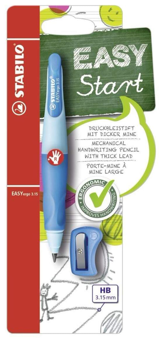 Ergonomischer Druck-Bleistift für Rechtshänder - STABILO EASYergo 3.15 in hellblau/dunkelblau - Einzelstift - inklusive 1 dicken Mine - Härtegrad HB & Spitzer