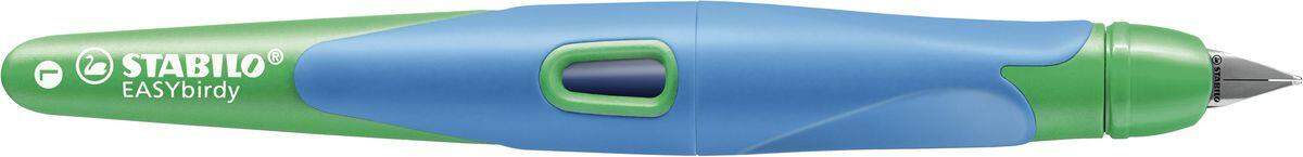 Ergonomischer Schulfüller für Linkshänder mit Anfänger-Feder A - STABILO EASYbirdy in himmelblau/grasgrün - Einzelstift - inklusive Patrone - Schreibfarbe blau (löschbar)