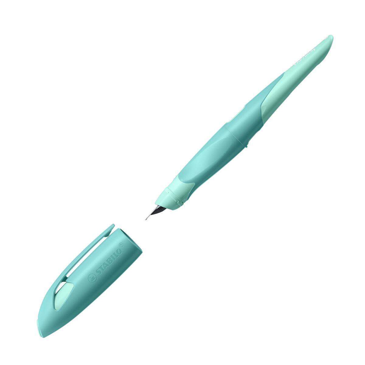 Ergonomischer Schulfüller für Rechtshänder mit Anfänger-Feder A - STABILO EASYbirdy Pastel Edition in aqua grün/mint - Einzelstift - inklusive Patrone - Schreibfarbe blau (löschbar)