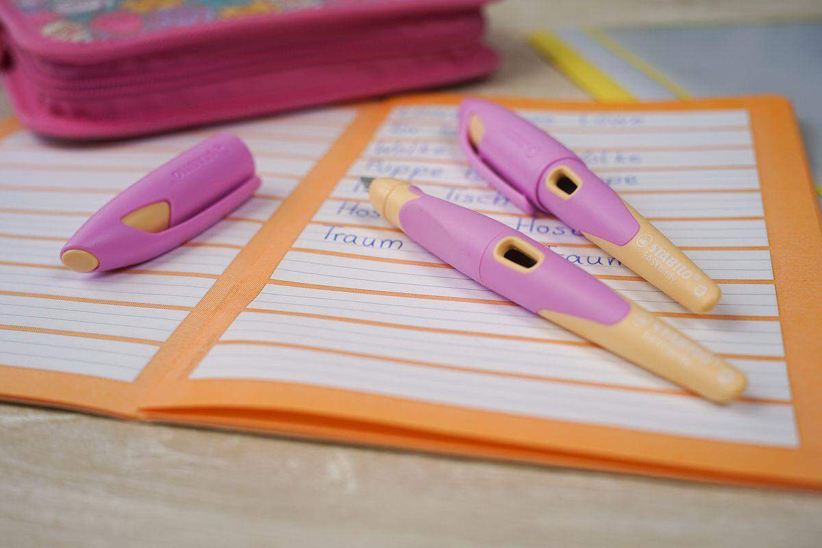 Ergonomischer Schulfüller für Rechtshänder mit Anfänger-Feder A - STABILO EASYbirdy Pastel Edition in soft pink/apricot - Einzelstift - inklusive Patrone - Schreibfarbe blau (löschbar)