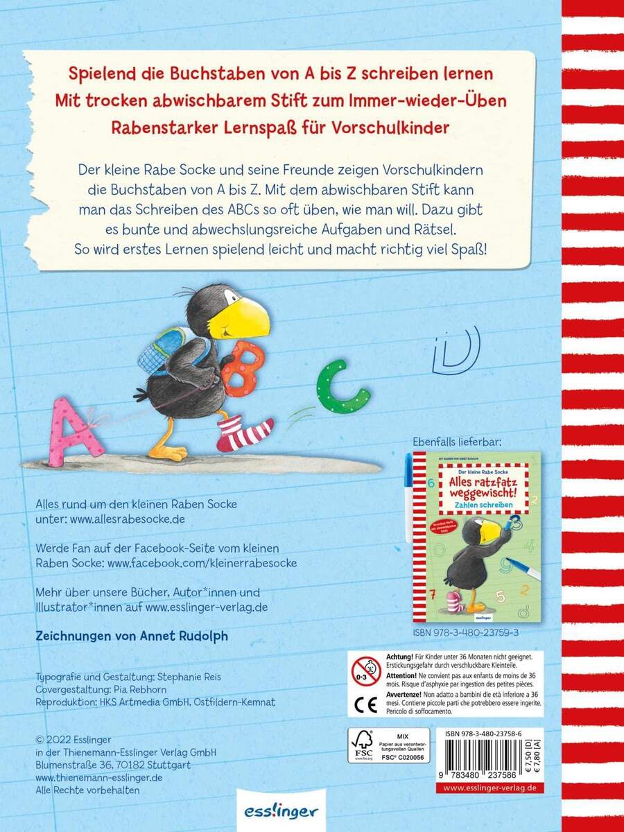 Esslinger Verlag Der kleine Rabe Socke: Alles ratzfatz weggewischt! Buchstaben schreiben