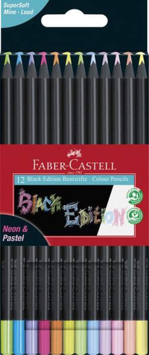 Faber-Castell Buntstifte Black Edition Neon + Pastell, 12er Etui