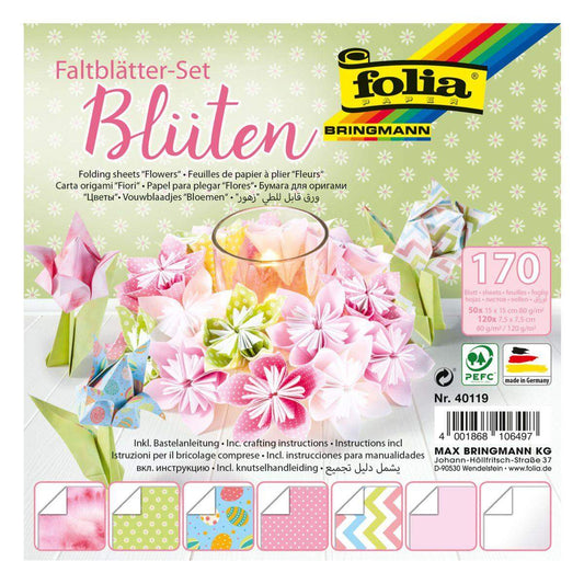 Folia Faltblätter-Set Blüten in 2 Größen, 50 Blatt im Format 15 x 15 cm + 120 Blatt im Format 7,5 x 7,5 cm