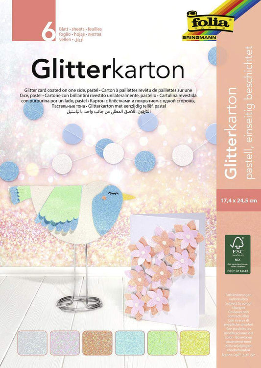 Folia Glitterkarton Block Pastell, 300 g/qm, 6 Blatt, ca. 17,4 x 24,5 cm