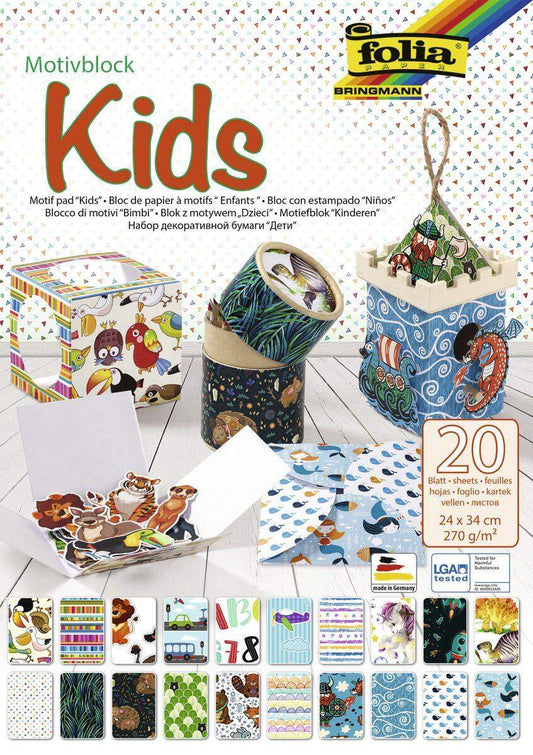 Folia Motivblock Kids, 270 g/qm, ca. 24 x 34 cm, 20 Blatt sortiert in 20 verschiedenen Motiven