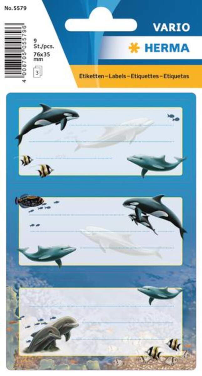 HERMA Schuletiketten Delfine, beglimmert, 76 x 35mm, 2 Bögen