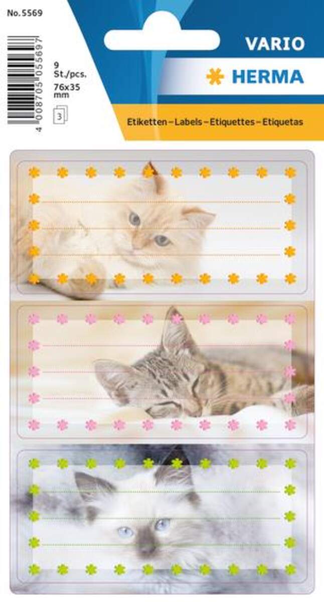 HERMA Schuletiketten Katzen, beglimmert, 76 x 35mm, 2 Bögen