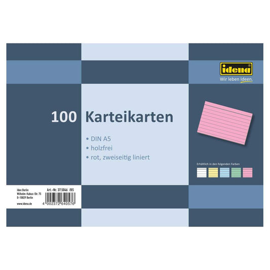 Idena Karteikarten A5 liniert rot, 100 Stück