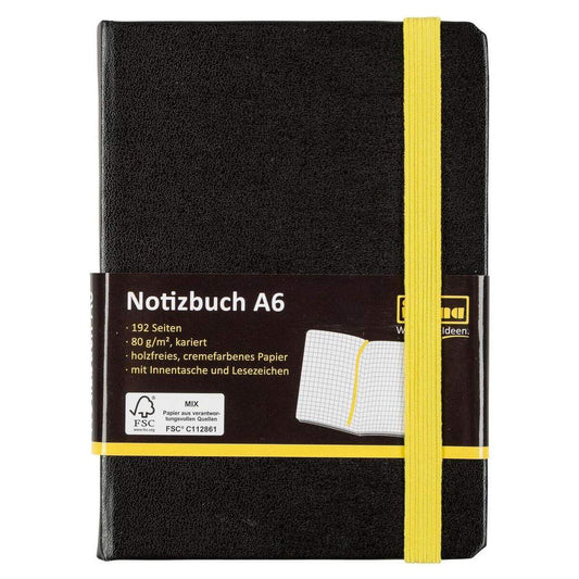 Idena Notizbuch FSC-Mix A6, schwarz, kariert, mit gelbem Gummiband + Lesezeichnenband