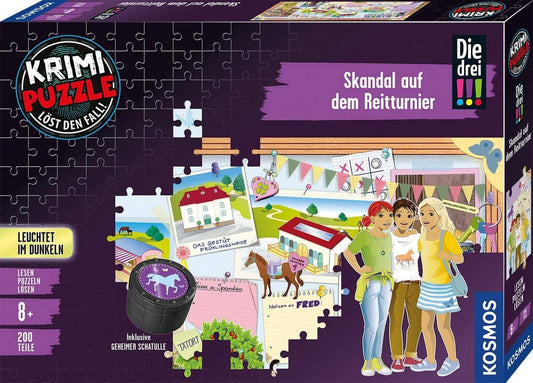 KOSMOS Krimi-Puzzle: Die drei !!! - Skandal auf dem Reitturnier, Leuchtet im Dunkeln, 200 Teile