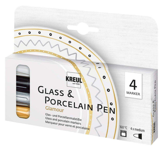 KREUL Glass & Porcelain Pen Glamour, Strichstärke ca. 2 - 4 mm, 4 Stifte