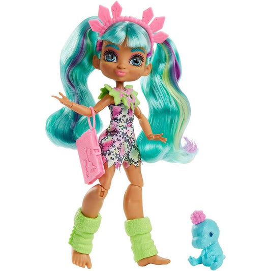 Mattel Cave Club Rockelle Puppe (25 cm), prähistorische Modepuppe mit Haus-Dinosaurier