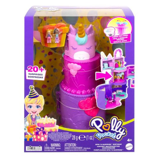 Mattel Polly Pocket Ausklappspaß-Schatulle Einhorn-Torte, niedliches Design, 25 Zubehörteile