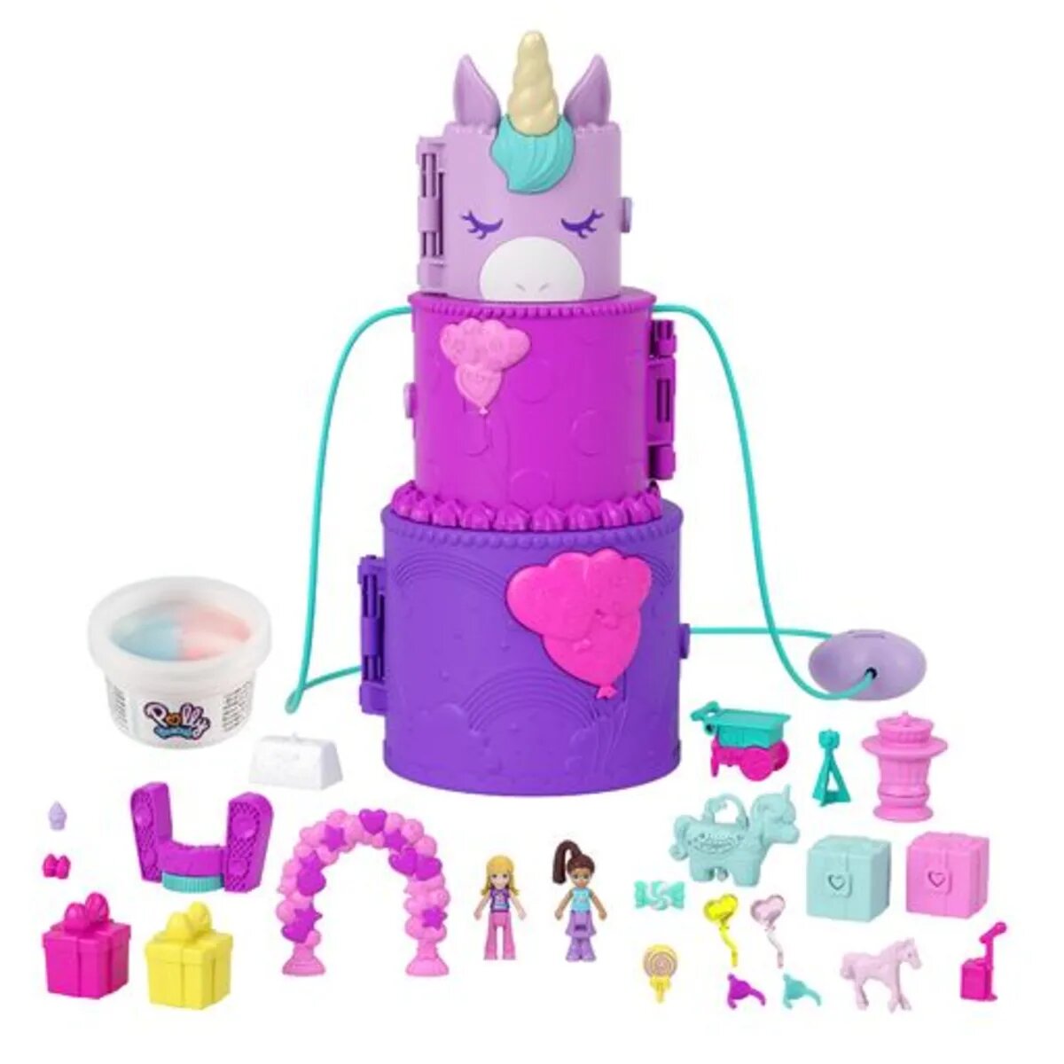 Mattel Polly Pocket Ausklappspaß-Schatulle Einhorn-Torte, niedliches Design, 25 Zubehörteile