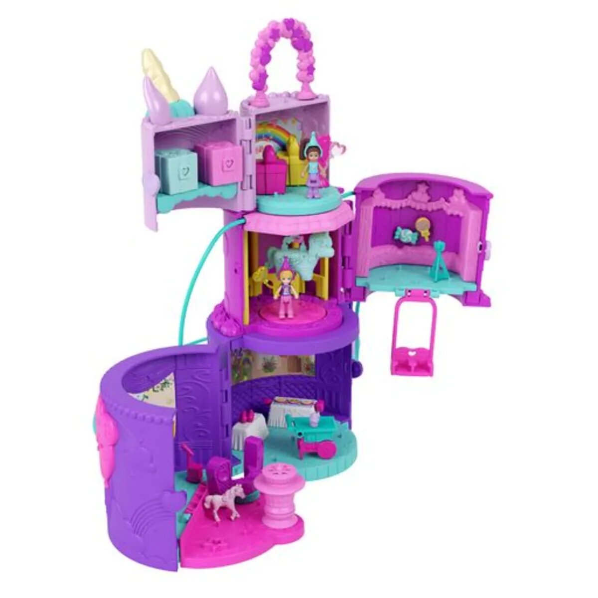Mattel Polly Pocket Ausklappspaß-Schatulle Einhorn-Torte, niedliches Design, 25 Zubehörteile